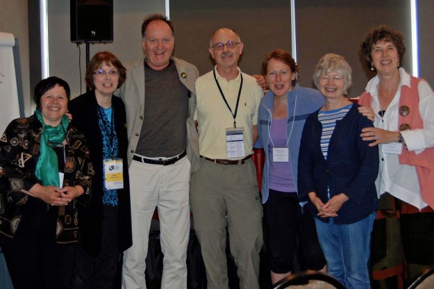 Conferences are great places to meet up with familiar faces. Several participants and/or organizers of the 2015 Great Canadian PoeTrain Tour gather for chat!